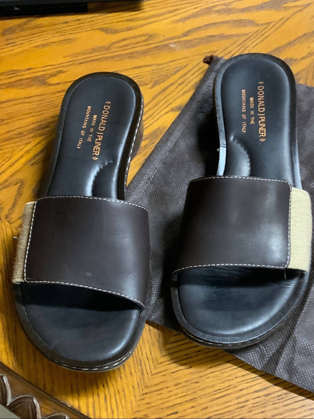 Donald J. Pliner Brown Leather Slide Mules with Tan Accent
